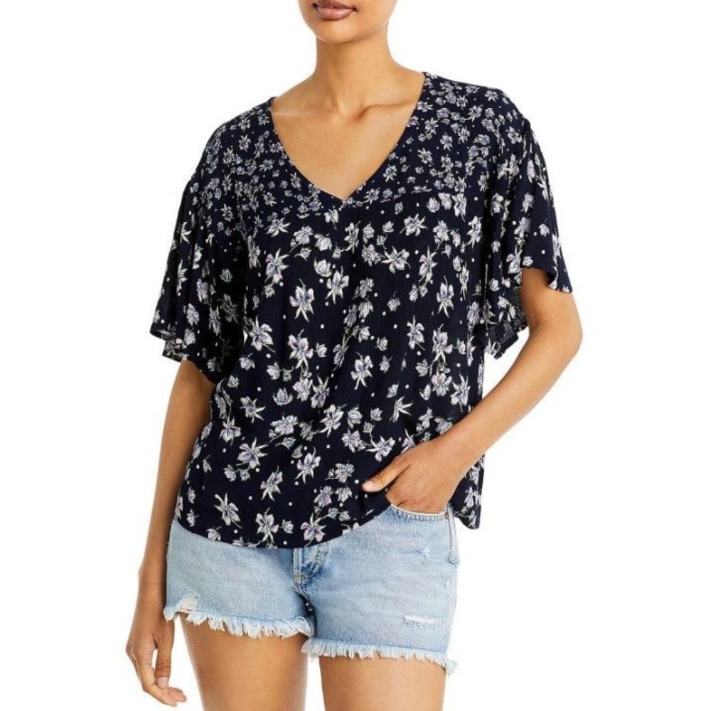 BILA Blouse Sz M Floral V-Neck Flutter Sleeves